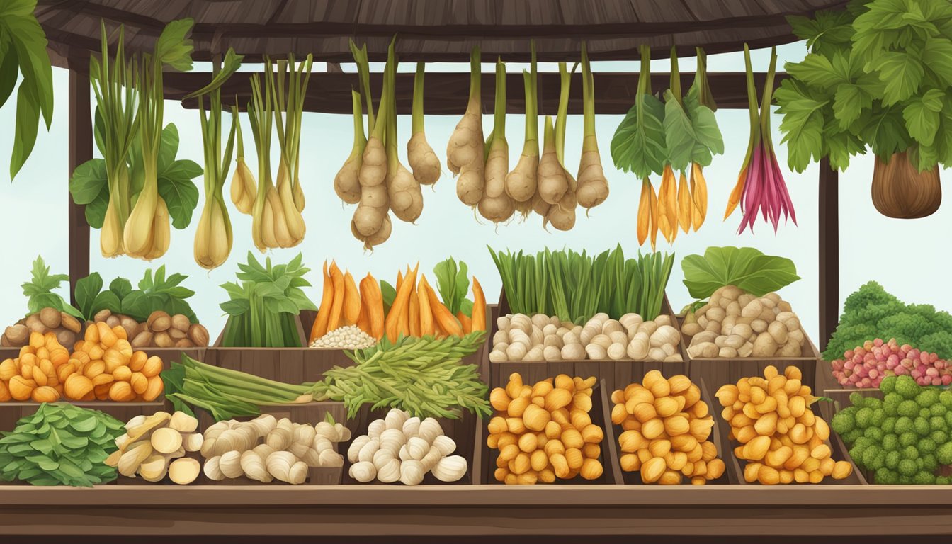 A vibrant market stall displays fresh galangal root and various alternative ingredients