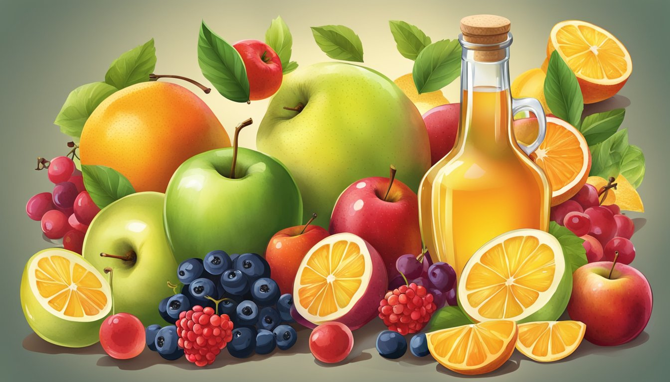 Assorted fruits (apples, berries, citrus) arranged around a bottle of vinegar. A variety of fruit slices and whole fruits are scattered around the bottle