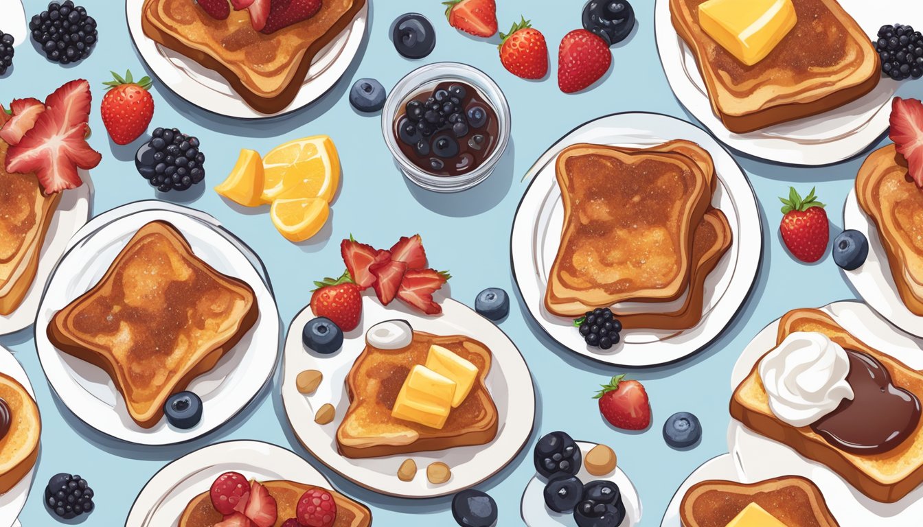 A plate of french toast topped with a variety of sweet and savory additions, such as berries, powdered sugar, bacon, and maple syrup