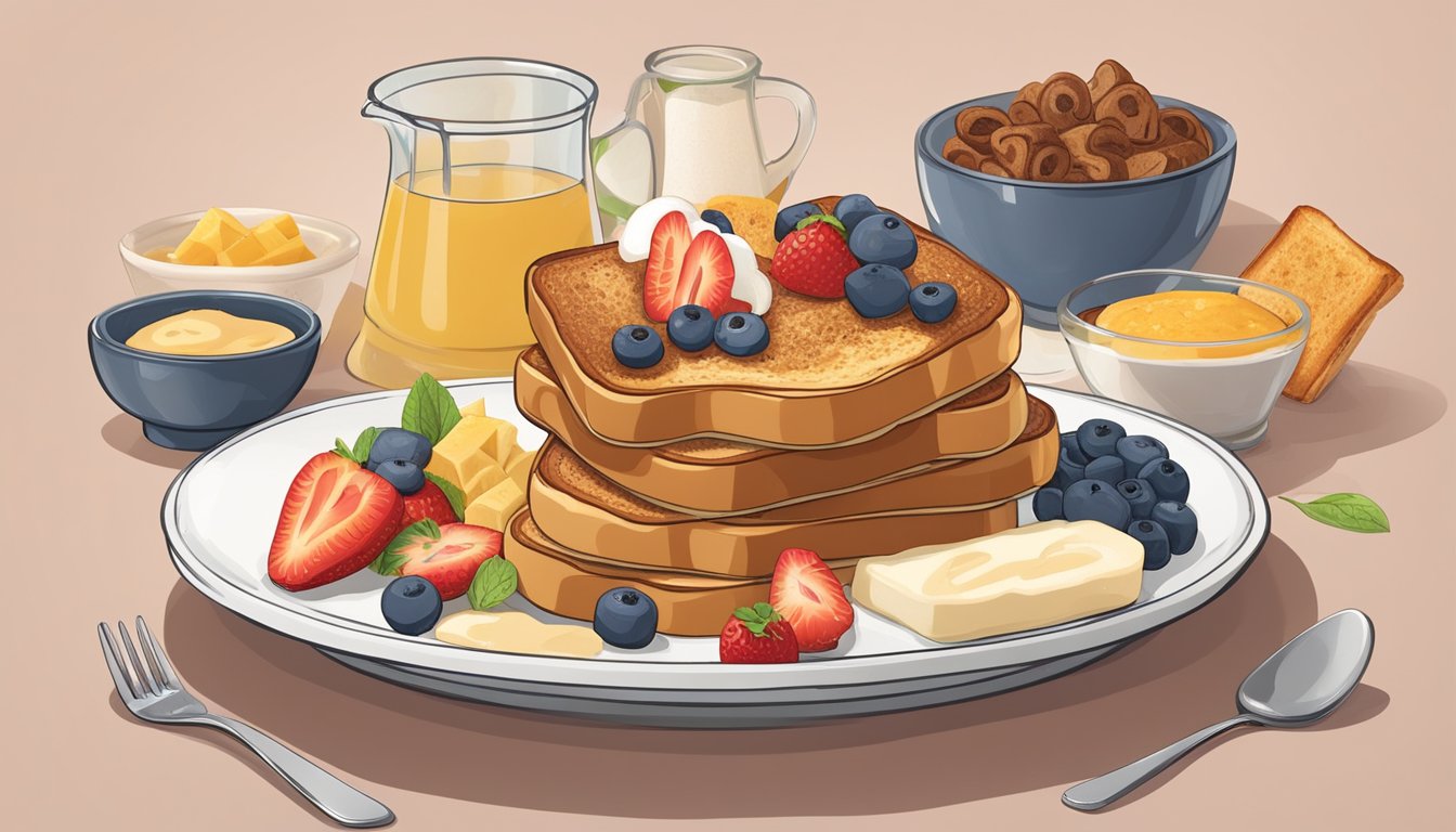 A plate with a stack of French toast substitutes surrounded by various toppings and accompaniments