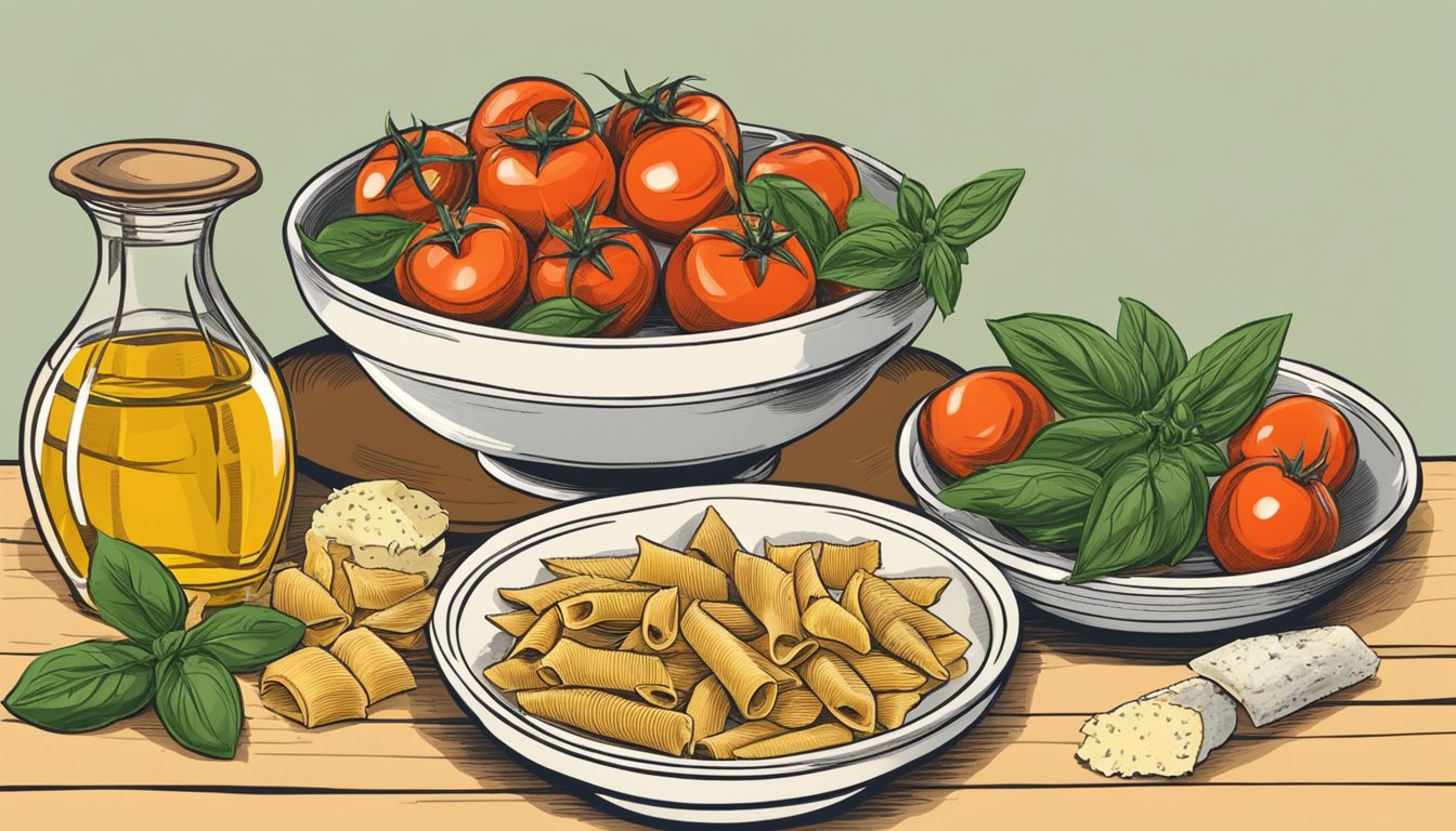 A rustic table set with bowls of fresh tomatoes, basil, olive oil, and Parmesan cheese next to a plate of garganelli pasta