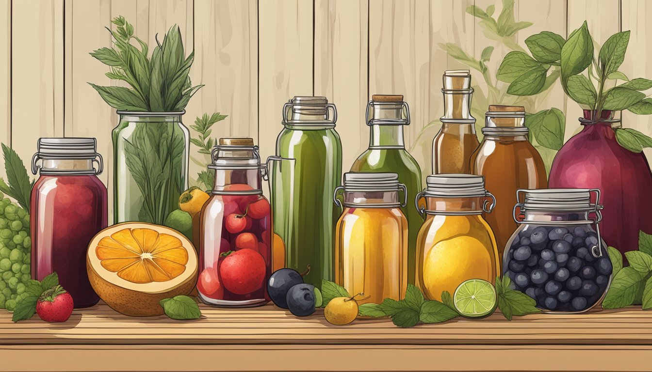 A variety of fruits and herbs arranged on a wooden table, with glass jars and bottles filled with homemade fruit vinegars and substitutes