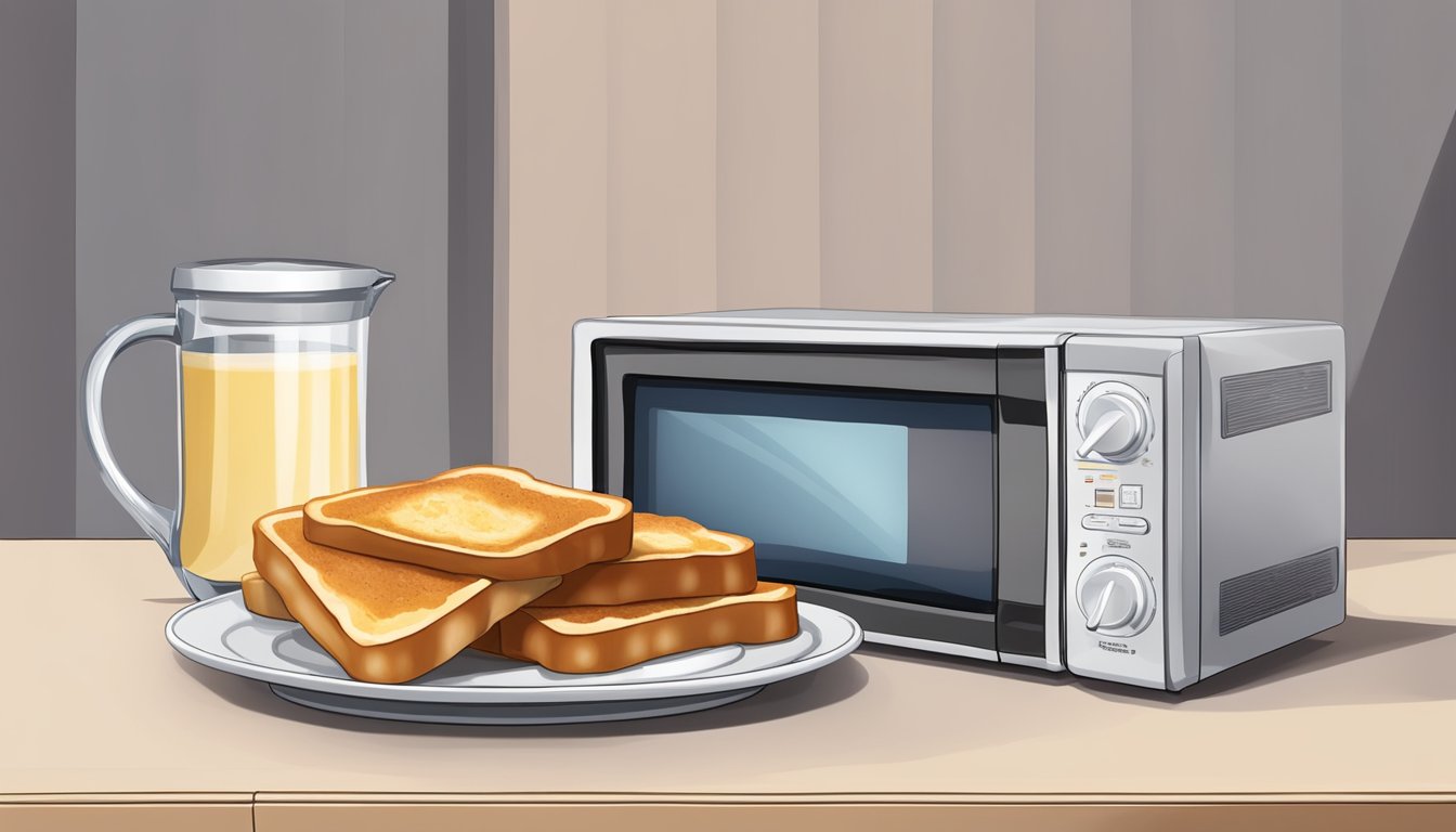 A stack of French toast substitutes arranged on a plate, with a microwave in the background