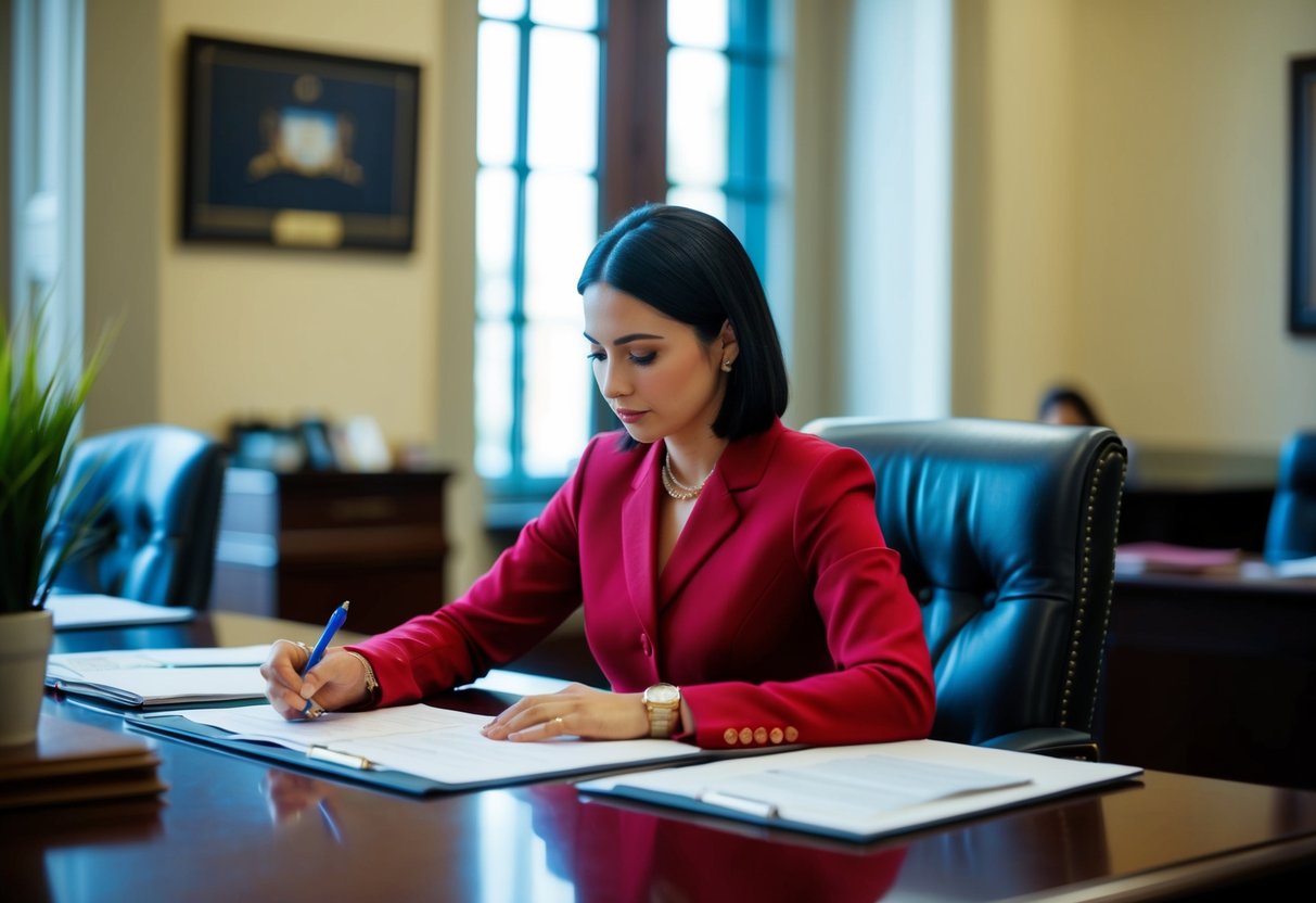 A person completing paperwork at a desk in a government office
