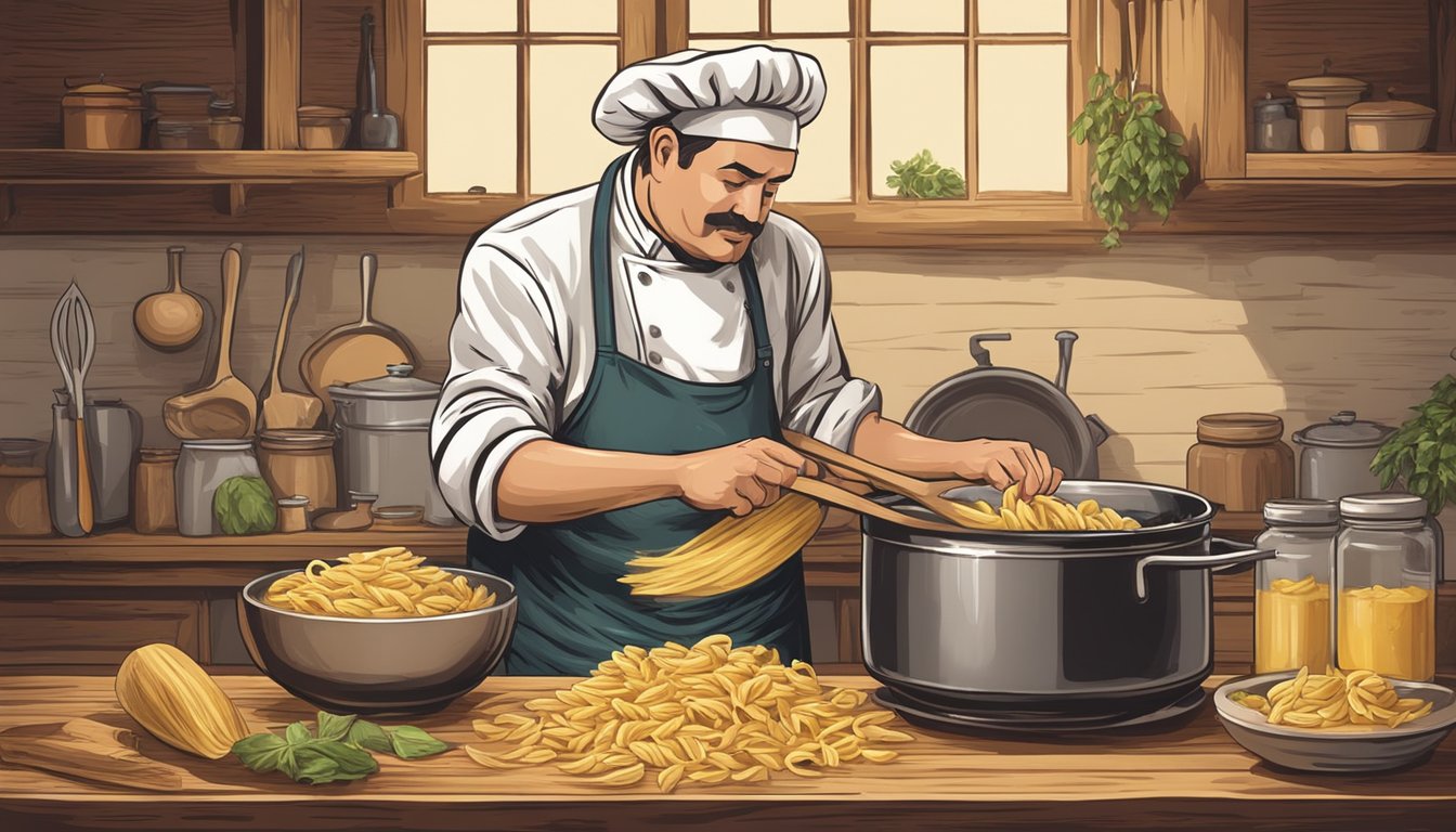 A chef stirring a pot of boiling garganelli pasta substitutes with a wooden spoon in a rustic kitchen