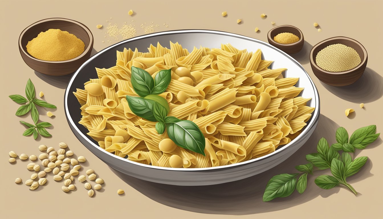 A variety of alternative ingredients like chickpea flour, lentil flour, and quinoa flour arranged around a bowl of garganelli pasta