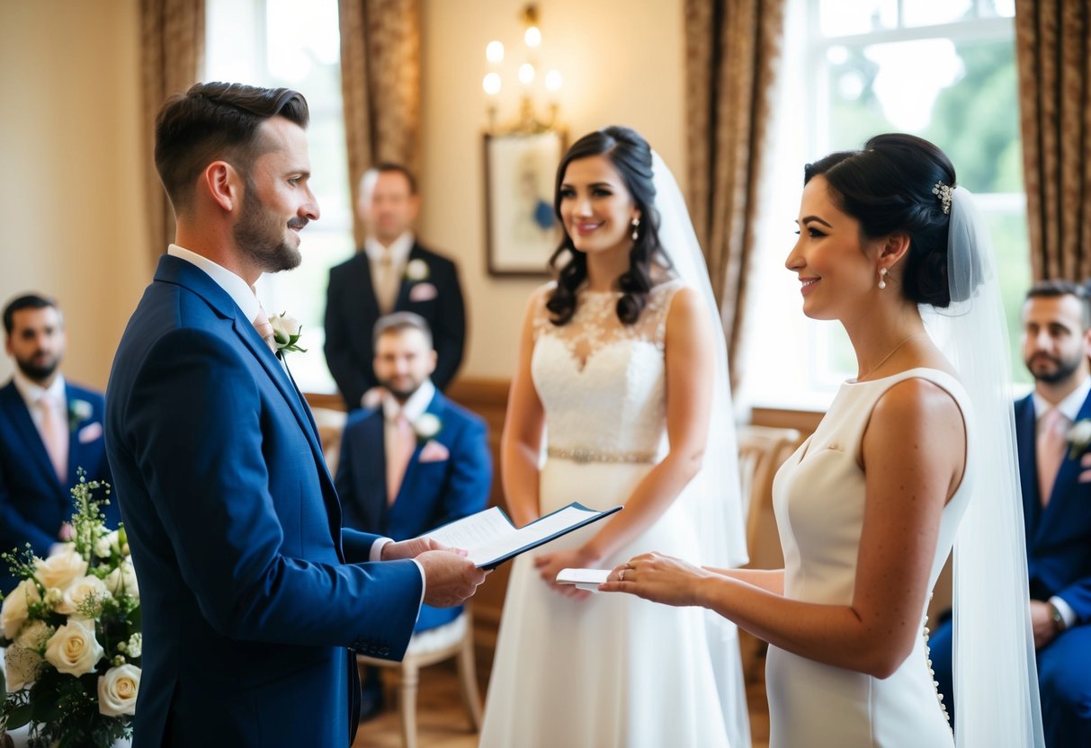 A registrar officiating a wedding ceremony in a decorated room with a bride and groom standing before them