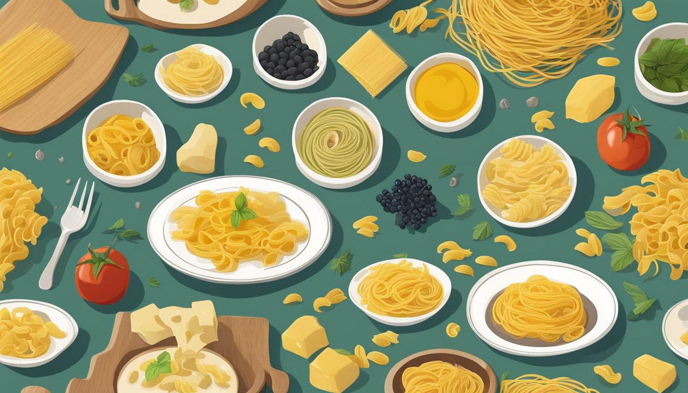 A rustic kitchen table with assorted pasta shapes and ingredients scattered around