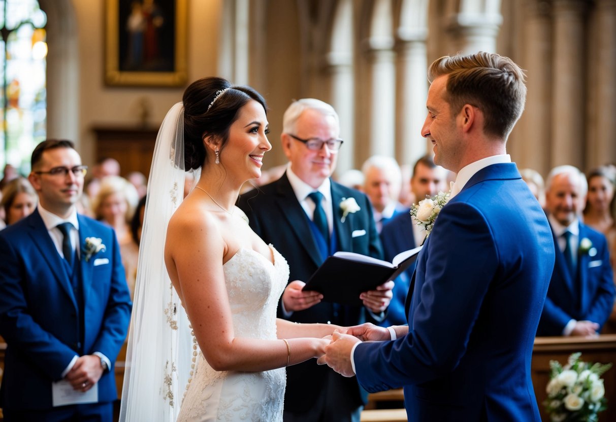 A bride and groom standing before a registrar at a marriage ceremony in the UK