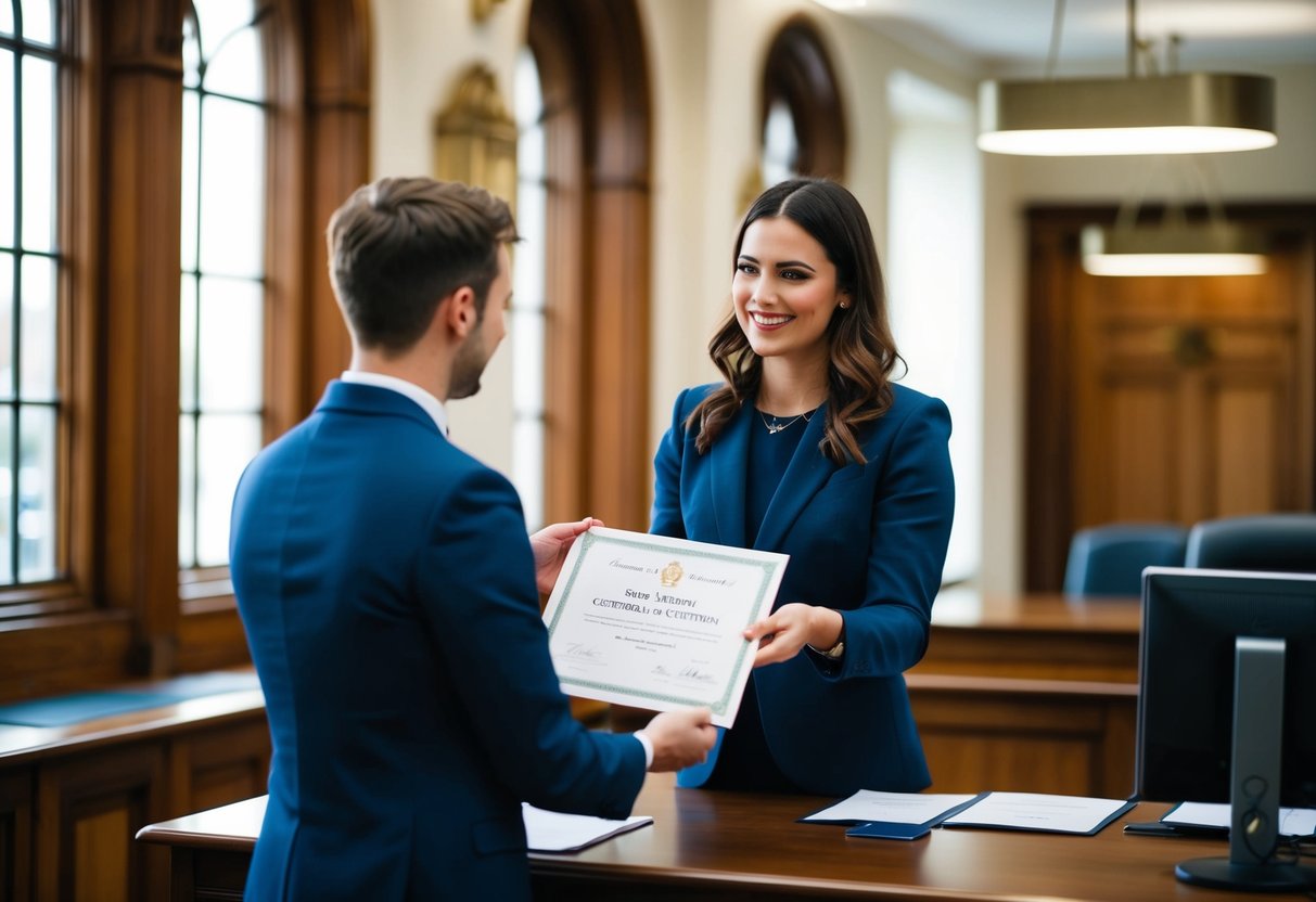 A person receiving a certificate at a registrar's office in the UK