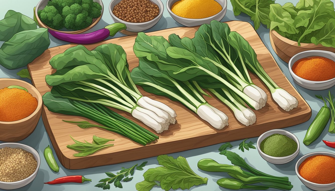 Fresh gai lan and various substitute vegetables arranged on a wooden cutting board, surrounded by colorful spices and herbs