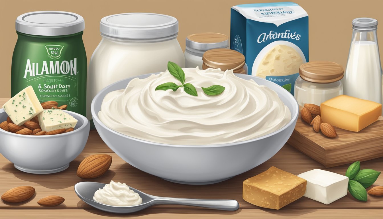 A bowl of creamy fromage blanc sits beside a variety of alternative dairy products, including soy, almond, and coconut-based substitutes