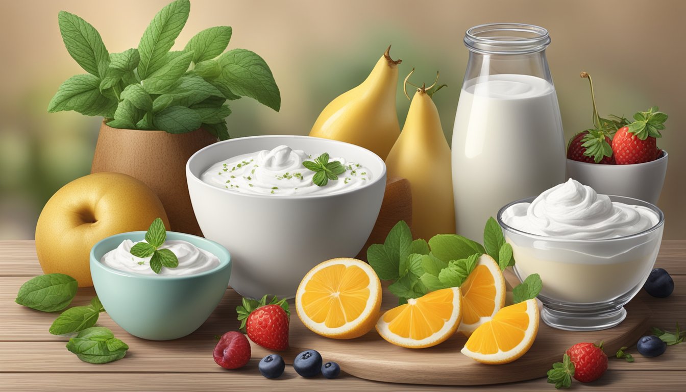 A variety of dairy-based substitutes, including fromage blanc, arranged on a wooden table with fresh fruits and herbs