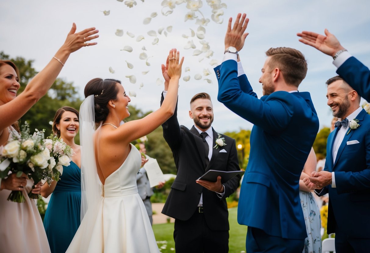The officiant raises their arms and pronounces the couple married, as guests cheer and throw flower petals
