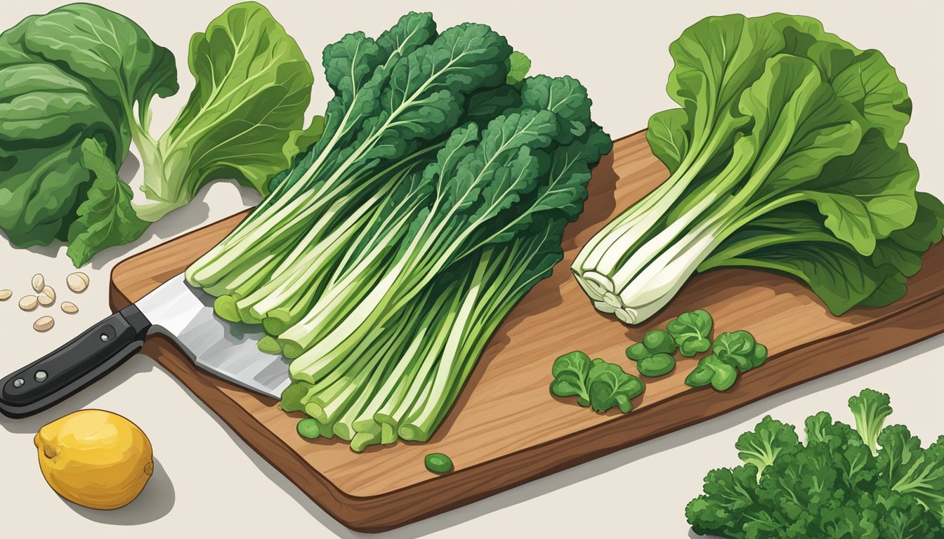 A variety of leafy greens arranged on a cutting board, including kale, bok choy, and spinach, with a chef's knife nearby