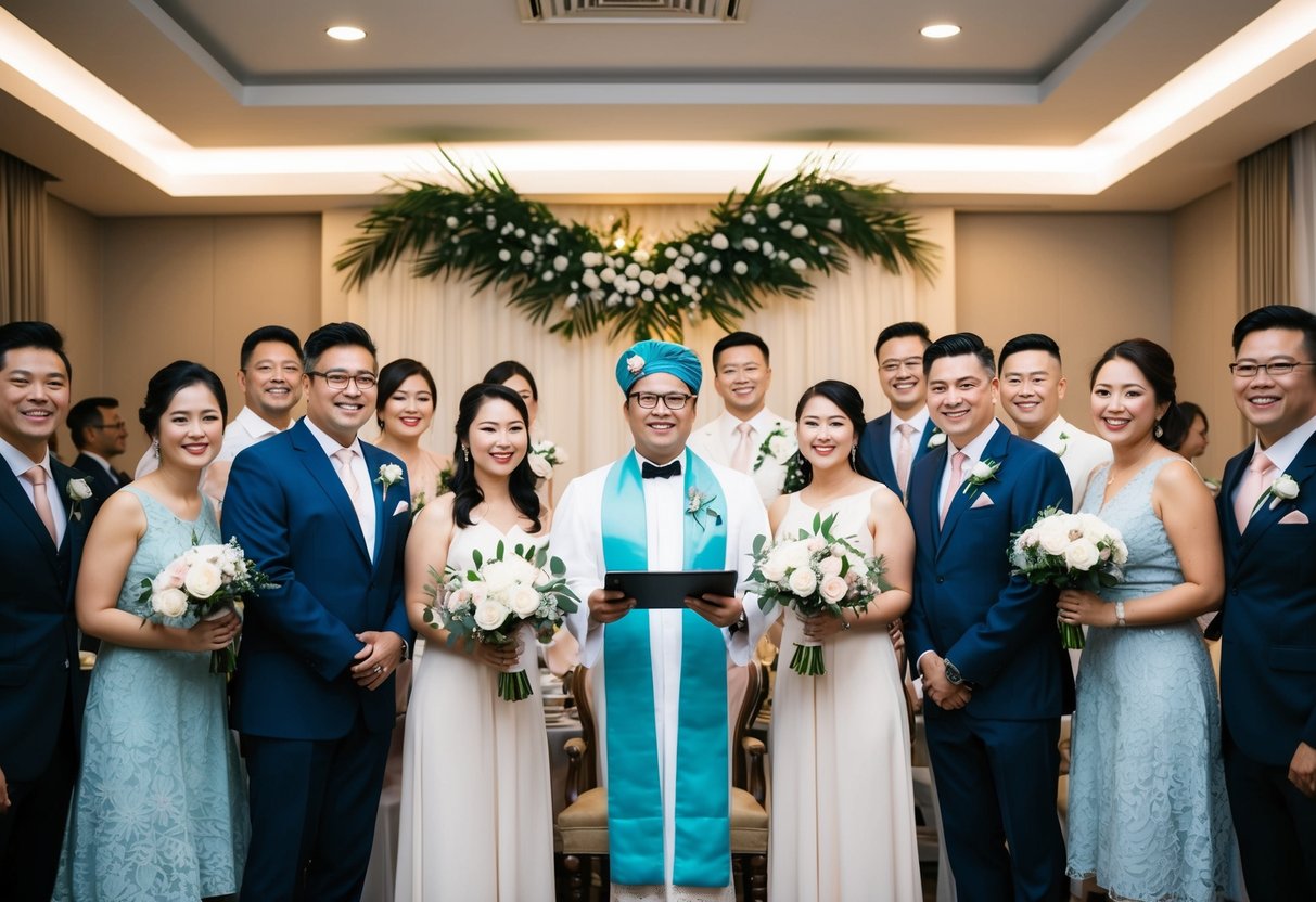 A celebrant stands at the front of a decorated room, surrounded by happy couples