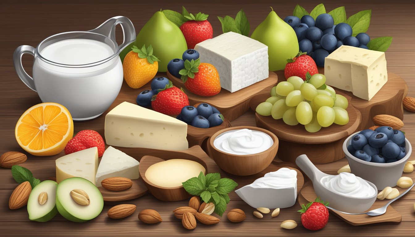 A variety of non-dairy substitutes for fromage blanc arranged on a wooden table with fresh fruits and nuts