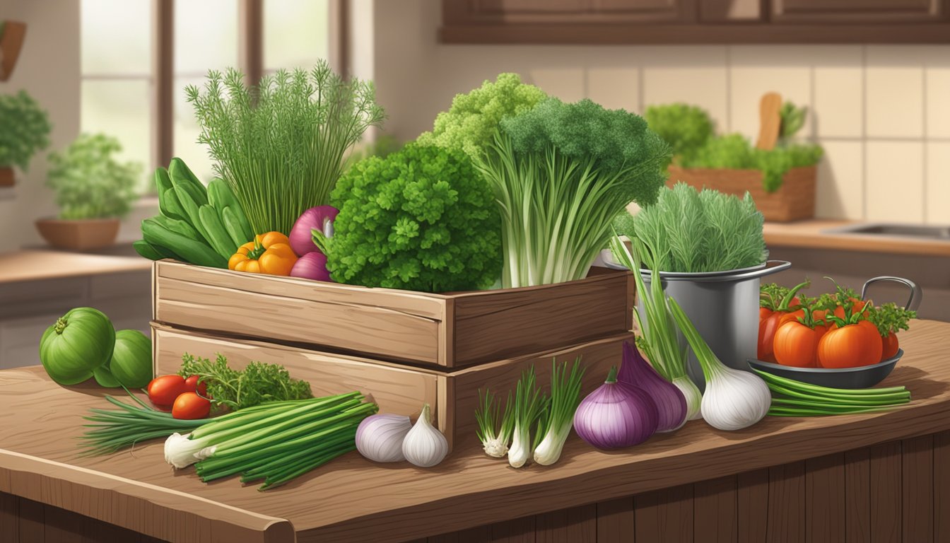 A kitchen counter with a variety of fresh herbs and vegetables, including scallions, chives, and shallots, arranged in a rustic wooden basket