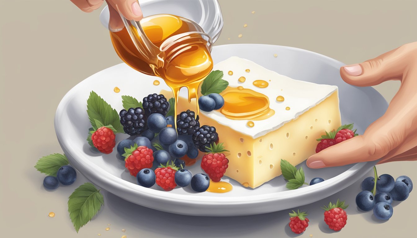 A hand pouring honey and sprinkling berries onto a bowl of fromage blanc