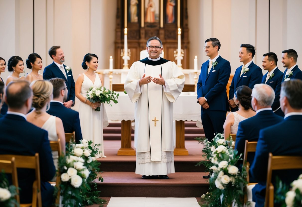 The officiant stands at the altar, facing the newlyweds and the audience, with a serene and confident demeanor, signaling the end of the ceremony