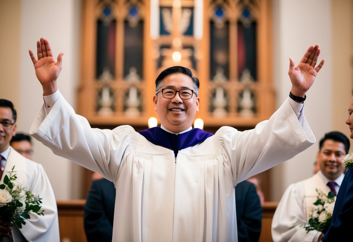 The officiant raises their arms, signaling the end of the ceremony