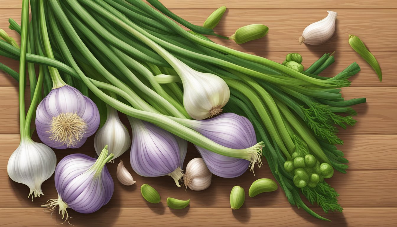 Garlic scapes and various non-allium vegetables arranged on a wooden cutting board