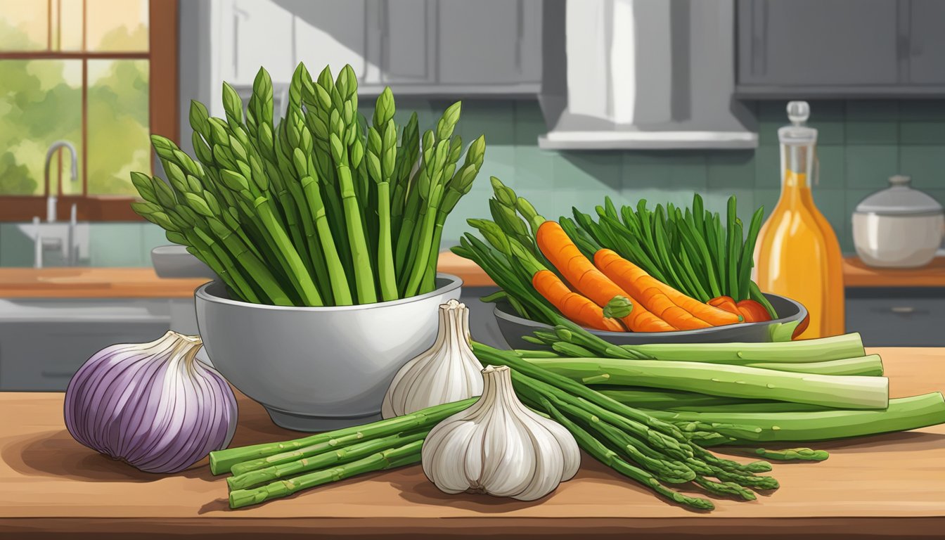 Garlic scapes, asparagus-like shoots, surround a bowl of vibrant vegetables and herbs. A chef's knife rests nearby, hinting at the preparation of a nutritious meal