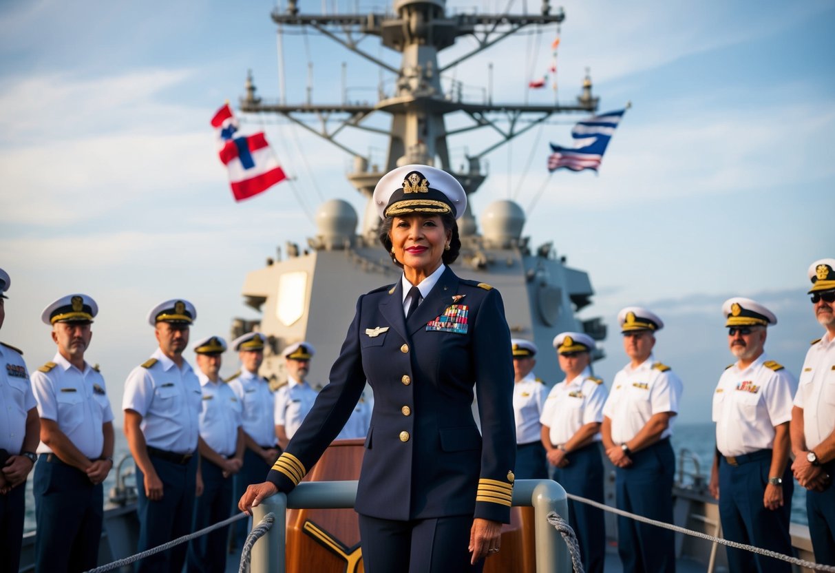 A woman in a decorated admiral's uniform stands confidently on the bridge of a large naval ship, surrounded by a team of officers and crew members