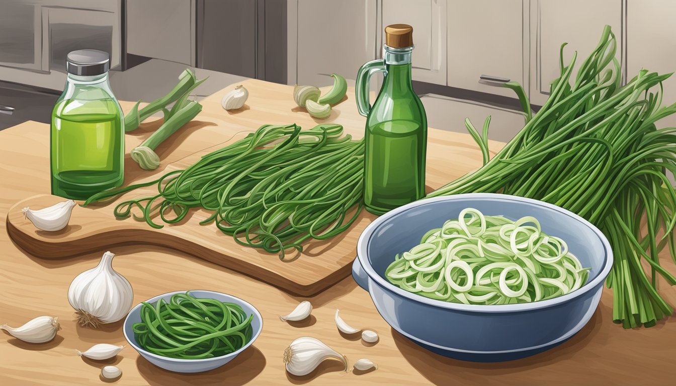 Garlic scapes being used as a substitute in a dish, with other ingredients and cooking utensils arranged on a kitchen counter