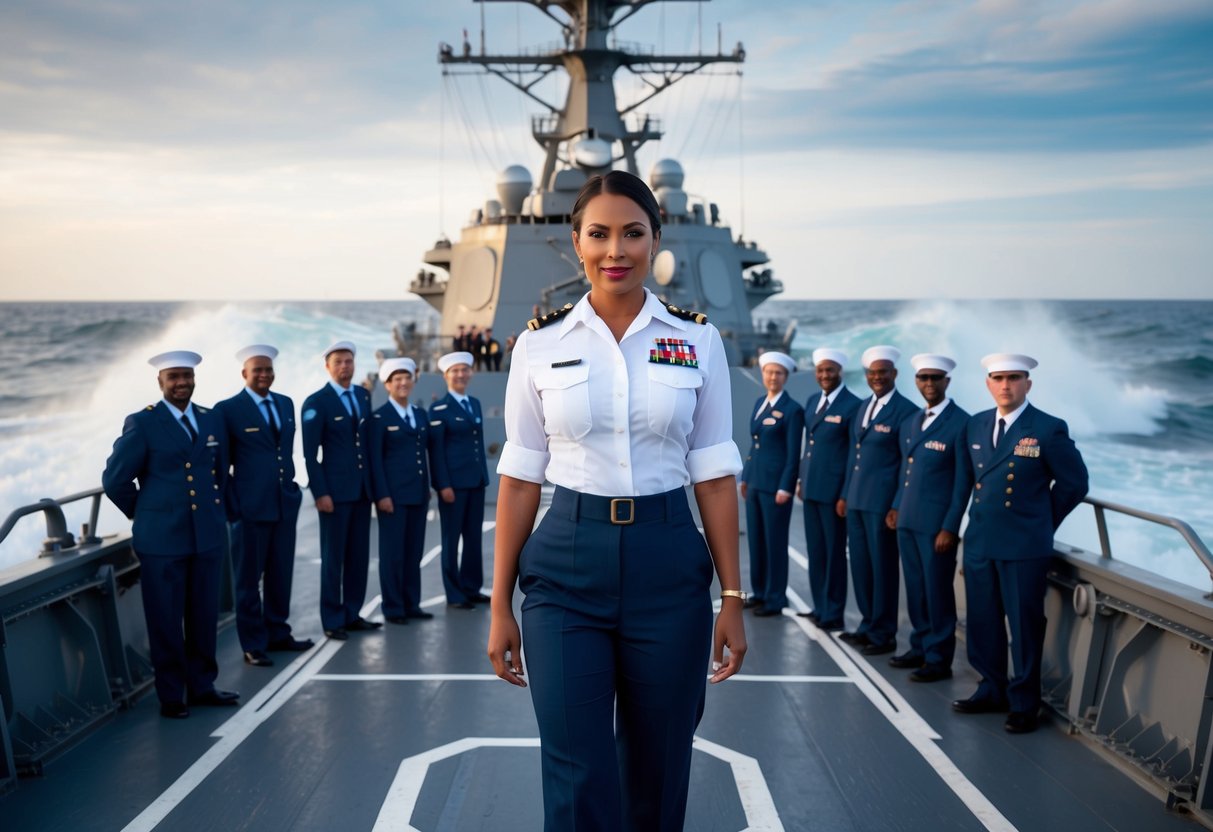A woman in a crisp uniform stands confidently on the deck of a battleship, surrounded by a team of diverse sailors. The ship is cutting through rough waves, symbolizing the challenges and triumphs of breaking barriers in the military