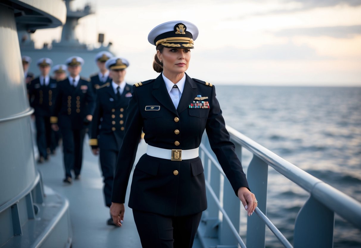 A woman in a naval uniform confidently leads a group of officers aboard a ship, her gaze fixed on the horizon