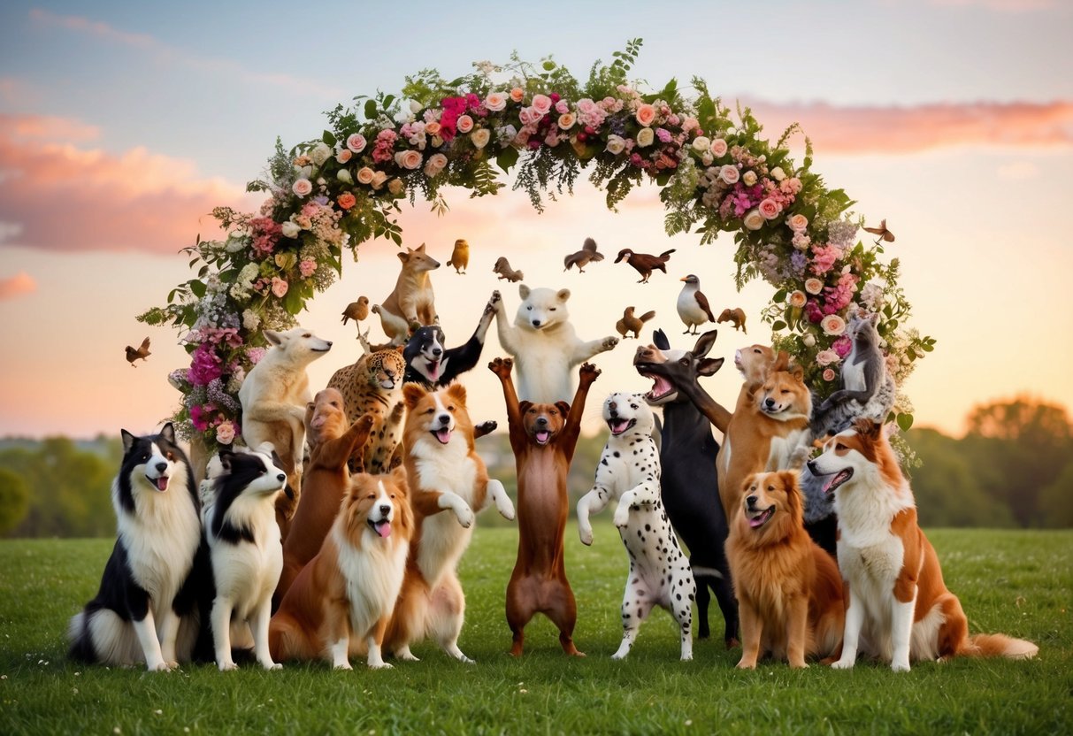 A joyful gathering of diverse animals celebrating under a blooming floral archway