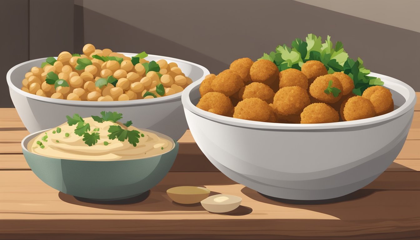 A bowl of garbanzo beans sits next to a plate of falafel, hummus, and chickpea salad on a wooden table