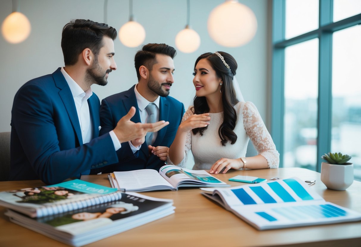 A couple sits at a table with a notebook, surrounded by wedding magazines and a budget spreadsheet. They are deep in conversation, gesturing and nodding as they discuss their guest list