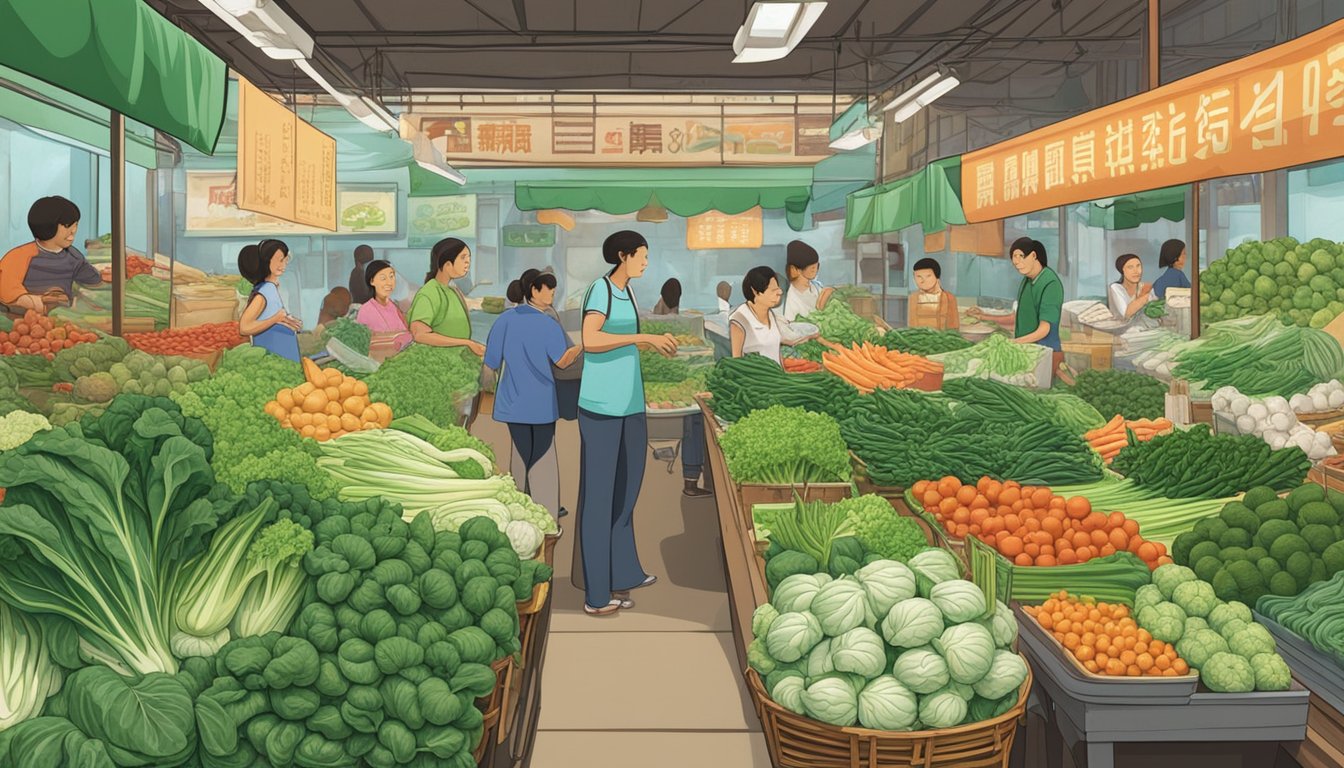 A bustling Asian market stall displays a variety of fresh gai choy substitutes, including bok choy, yu choy, and choy sum. Customers examine the vibrant green vegetables with curiosity