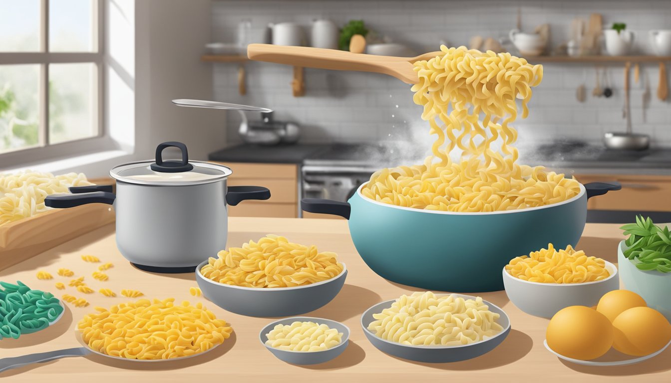 A pot of boiling water with gemelli pasta being added, a box of gemelli pasta, and a variety of alternative pasta shapes on a kitchen counter