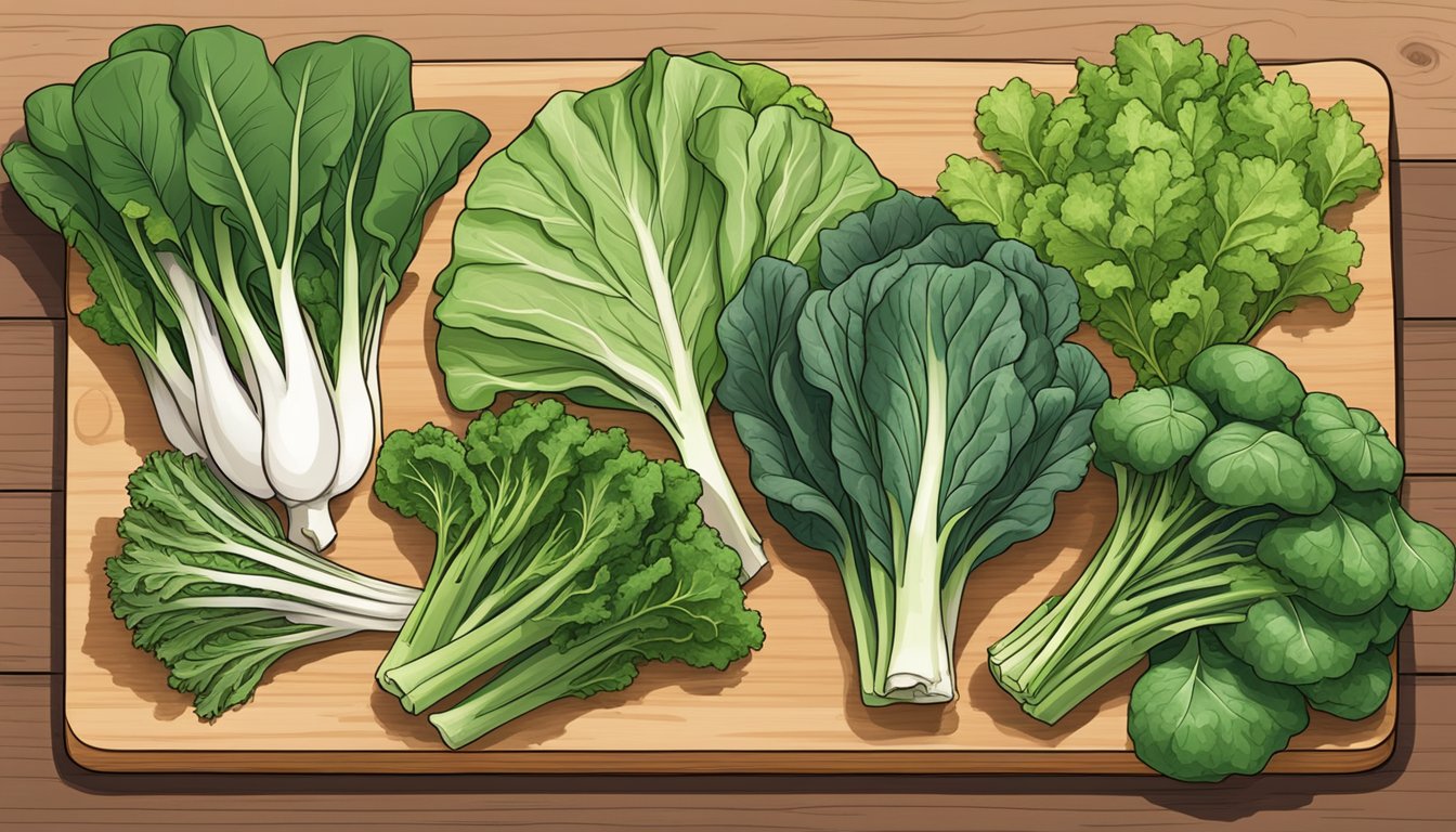 A variety of leafy greens arranged on a wooden cutting board, including gai choy and its potential substitutes