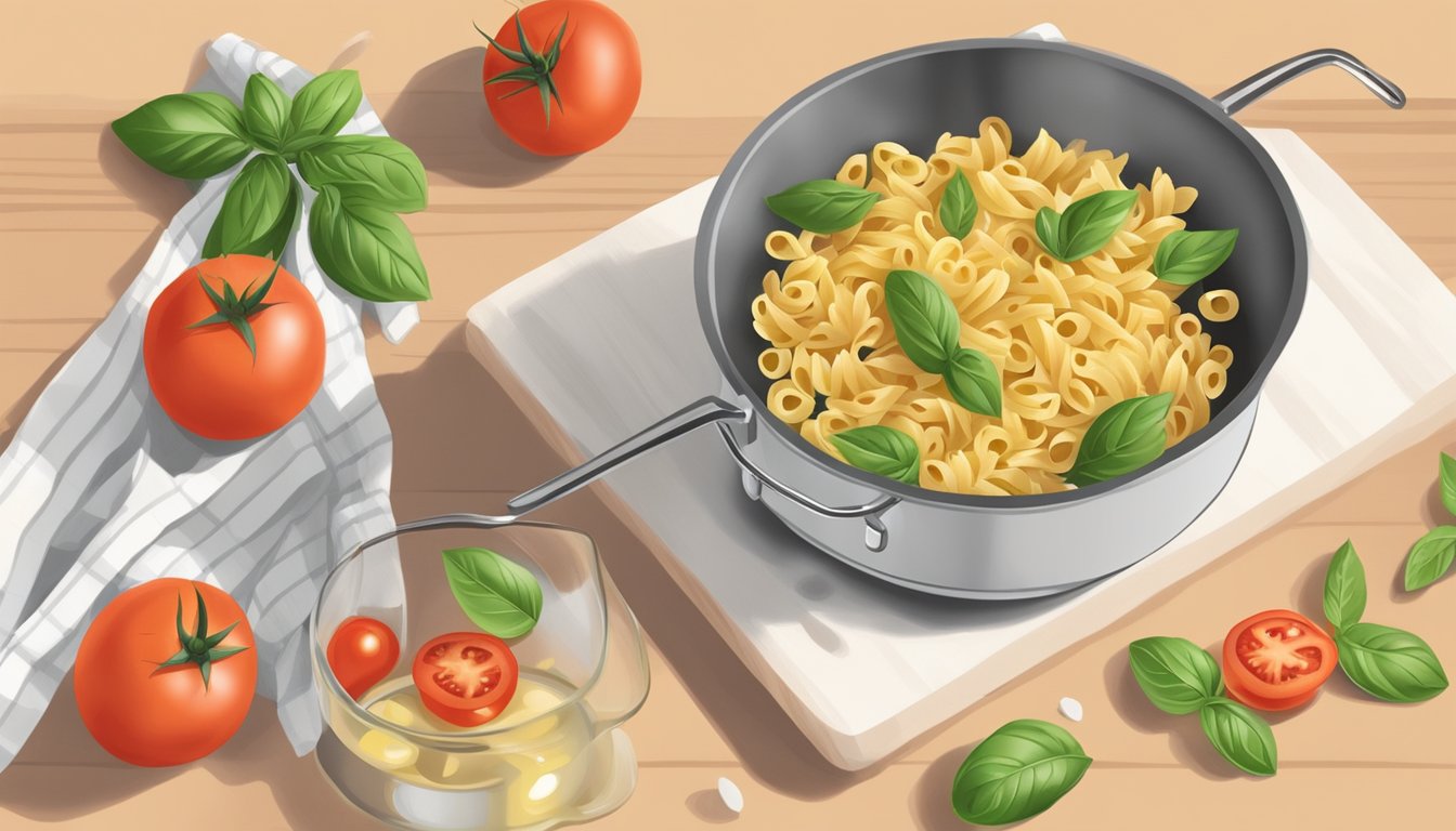 A pot of boiling water with gemelli pasta being added. Tomatoes, basil, and olive oil on a cutting board nearby