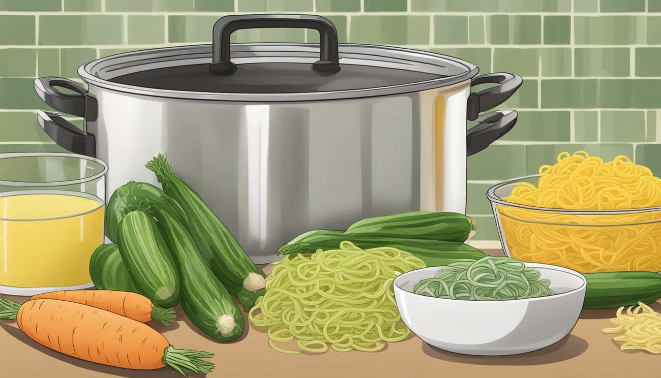 A pot of boiling water with gemelli pasta substitutes and a variety of alternative ingredients such as zucchini, spaghetti squash, and spiralized carrots on a kitchen counter