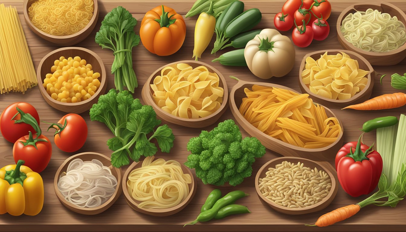 A colorful array of fresh vegetables and alternative grain-based pastas displayed on a wooden cutting board