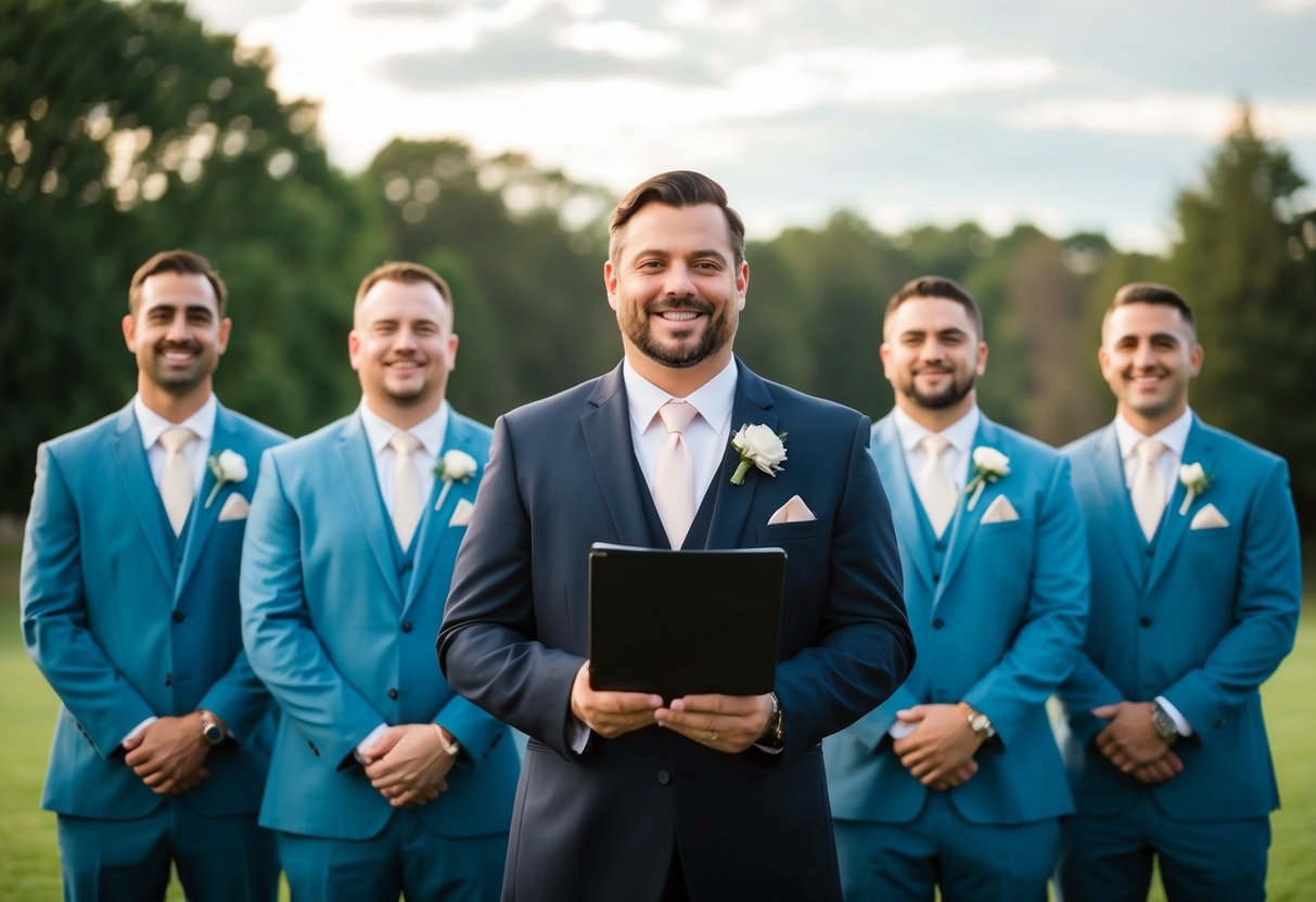 The officiant stands in front of a group of groomsmen, all wearing matching suits