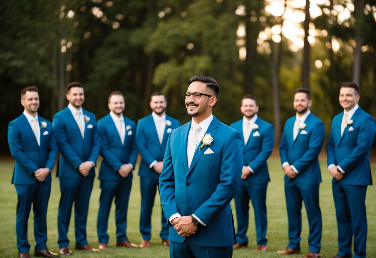 The officiant stands in a matching suit to the groomsmen, all dressed in attire that complements the wedding theme