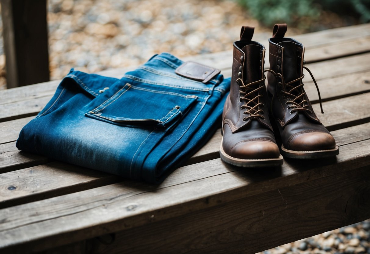 A pair of jeans laid out on a rustic wooden bench, with a pair of worn-out boots placed neatly beside them