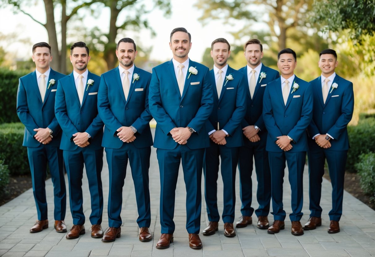 A lineup of coordinating suits for officiant and groomsmen, with various options displayed for comparison