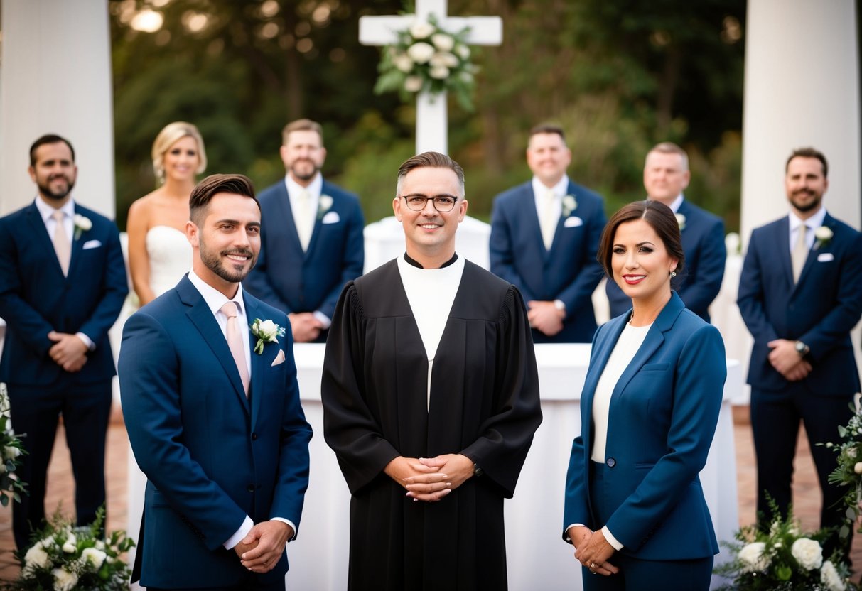 A male and female officiant stand in front of a wedding altar. The male officiant wears a suit similar to the groomsmen, while the female officiant wears a professional dress or suit