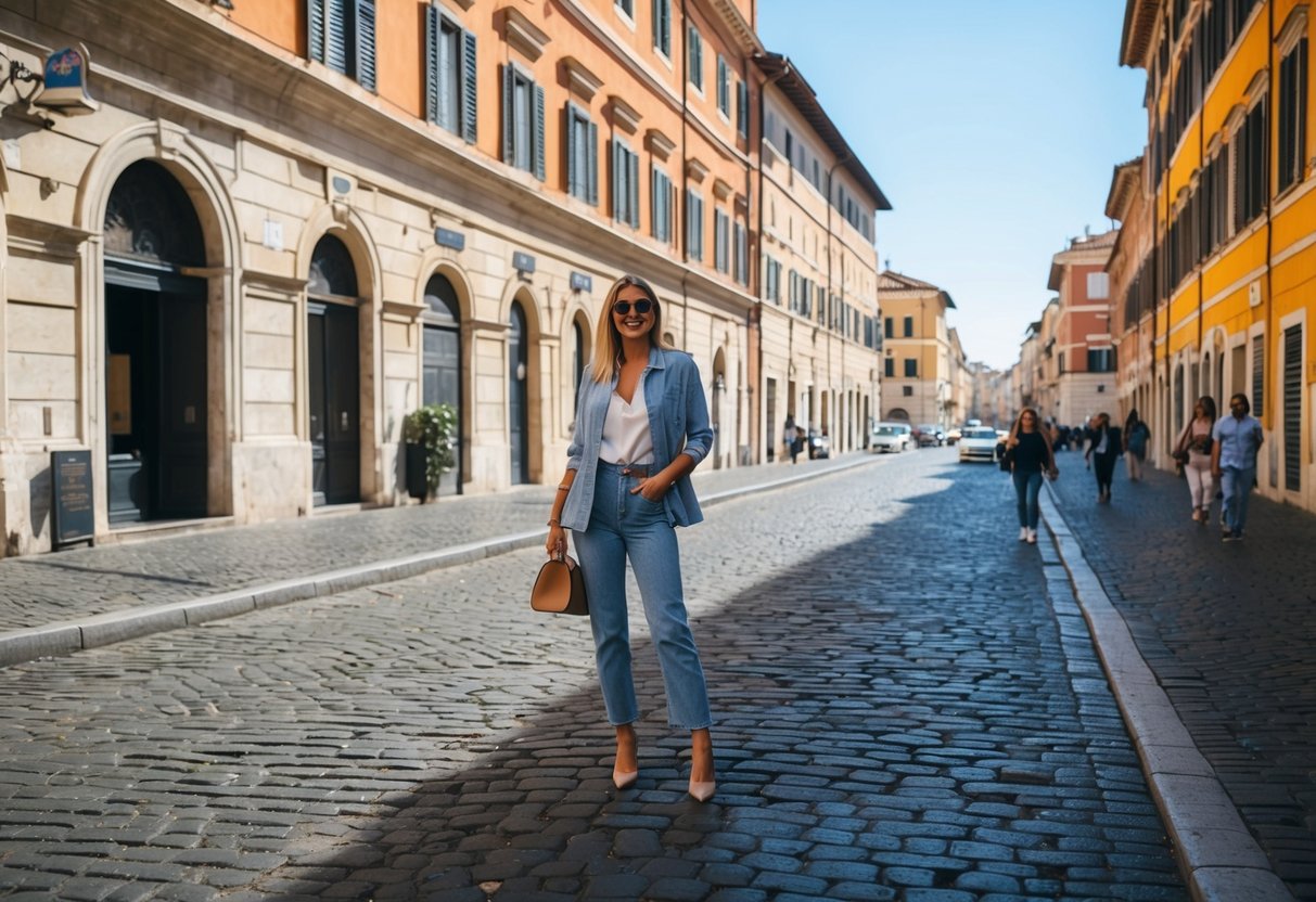 A sunny street in Rome with cobblestone roads, colorful buildings, and locals wearing stylish denim jeans