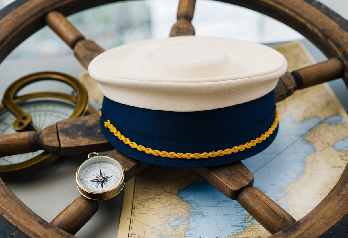 A sailor's hat rests on a weathered wooden wheel, surrounded by nautical charts and a compass
