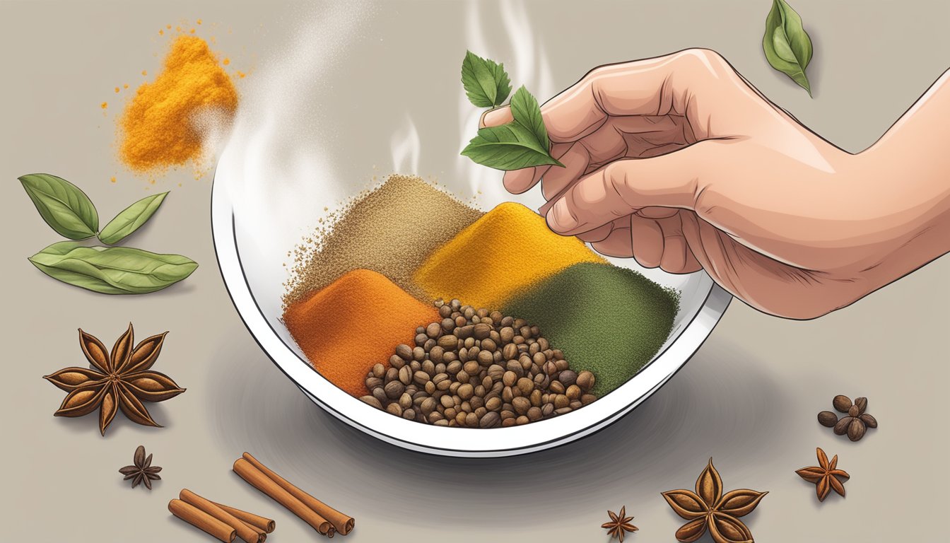 A hand sprinkles various spices into a bowl, creating a cloud of aroma