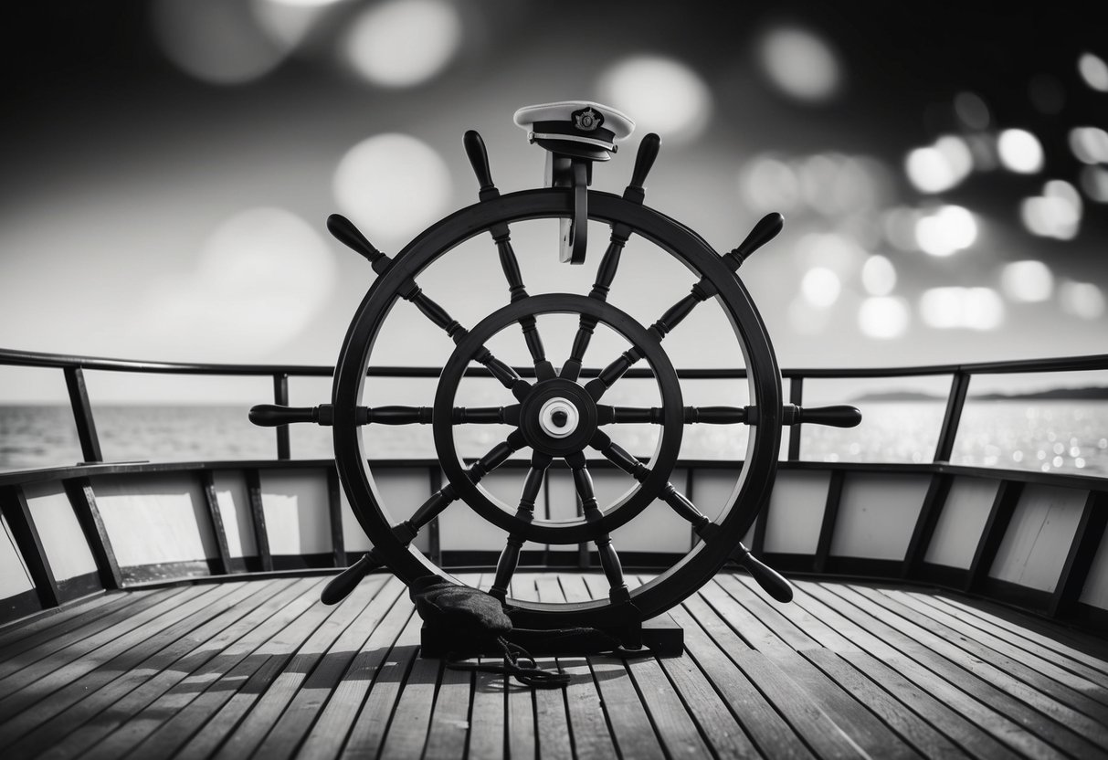 A ship's wheel on a wooden deck, with a captain's hat resting on top
