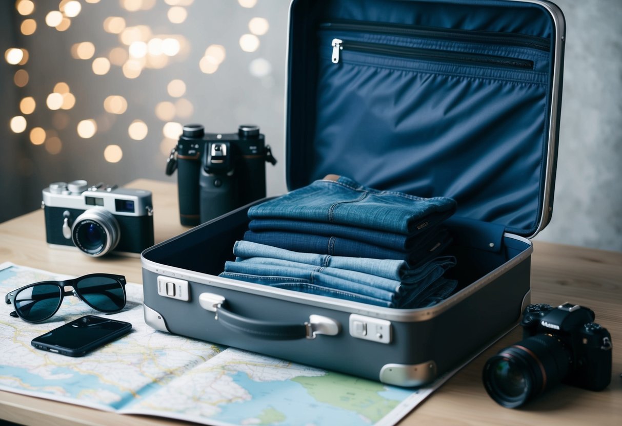 A suitcase open with neatly folded jeans, surrounded by other travel essentials like a camera, map, and sunglasses